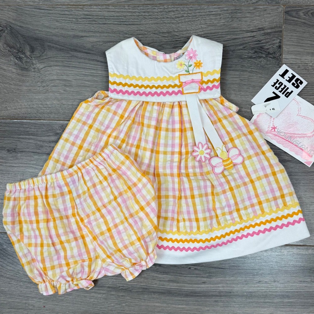 Vintage 2001 Youngland 12M Baby Dress Bloomers Set Pink Gingham‎ Floral NWT
